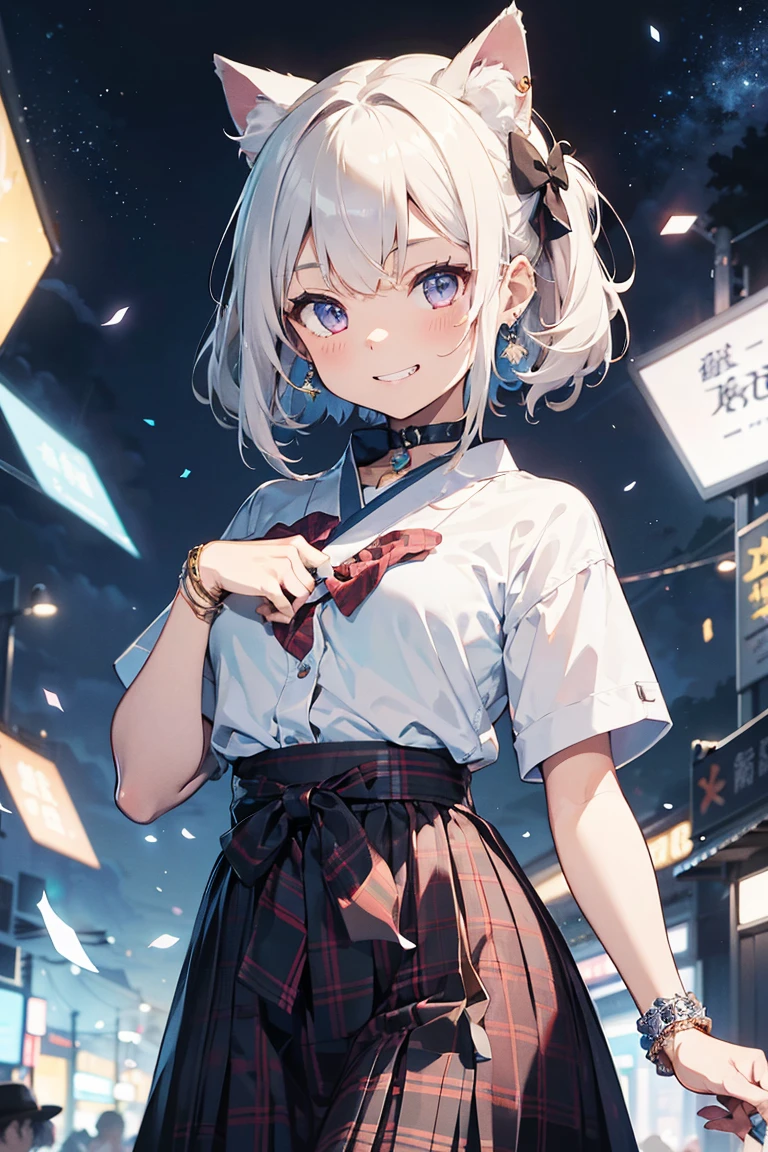 (((masterpiece))), (((Highest quality))), ((Very detailed)), ((Very detailedなイラスト)), ((Ultra-fine painting)), (16K Highest quality wallpaper:1.4), (Detailed and elaborate illustration style,:1.8) Detailed skin texture, High quality fabric, , (T-masterpiece), (Very detailedな顔:1.4), original, RAW Photos, Professional, Intricate details, Very detailed, Direct sunlight:1.6, ,(Cowboy Shot:1.9)、(Perfect Anatomy:1.4), (Extremely elaborate hands:1.2), (Very elaborate fingers:1.2), (Very elaborate fingers先:1.2),, (alone:1.6), (beautiful and adorable cat ears:1.6), (Intricate and delicate cat ears:1.4), (beautiful, Shiny white hair:1.6), (Very fine and delicate white hair:1.4),, (Very detailedな顔:1.4),(Light purple eyes:1.4),(smile:1.4),, whole body,
One Girl, bangs, black choker, black tie, blonde, blue skirt, blush, bracelet, chest, choker, clothes Surrounding area waist, clavicle, collared shirt, Cowboy Shot, dress shirt, ear Earrings, Eyebrows visible through hair, Gradient Hair, Grin, Improve, jewelry, Kogal, Long Hair, View your audience, loose tie, tie, Earrings, Plaid, Plaid skirt, pleated skirt, Red eyes, ring, , shirt, skirt, smile, alone, white shirt,
street, null, Gerbera petals,shape, (Hakama:1.3), (Bow and Arrow:1.3), fashionable, woman, Vibrant, Costumes, stop temporarily, front, colorful, dynamic, background, element, Be confident, performance, Holding, statement, accessories, Majestic, Coiled, Surrounding area, touch, scene, article, cover, bold, to attract attention, title, stylish, font, Catchy, Heading, big, impressive, Modern, tendency, concentrate, fashion,