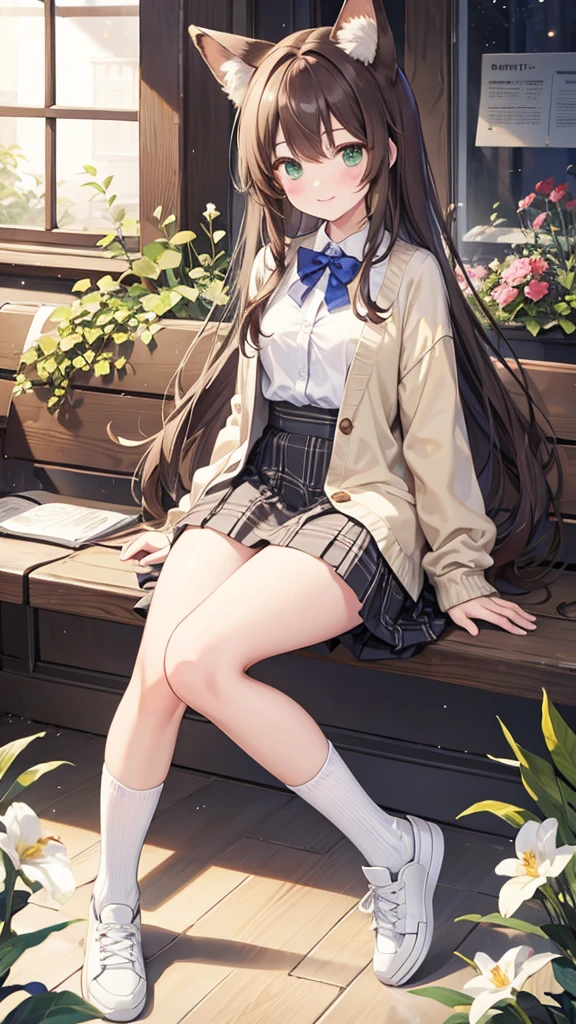 masterpiece, Highest quality, outside, Flower Field, From the side, One girl, smile, Conceit, Long Hair, Brown Hair, Green Eyes, Fox Ears, Medium chest, White collared shirt, bow tie, Beige cardigan, Black plaid skirt, Thick thighs, sneakers, loose socks, Panto Peak,4Head to Body