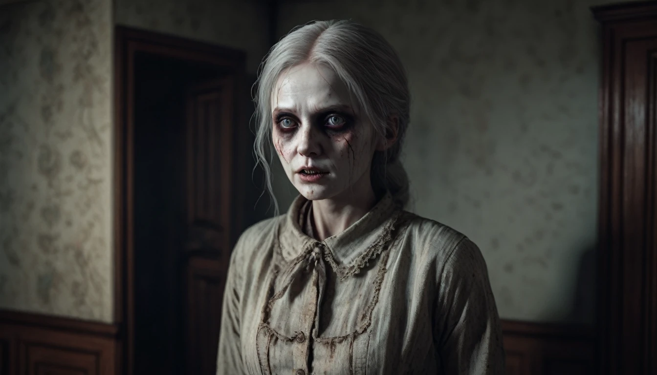 A scary horror image, a female figure in the corner of the room, your empty eyes fixed on me. She was dressed in old clothes, and his face was pale and lifeless. PICTURE REALISTIC, high resolution, 8K