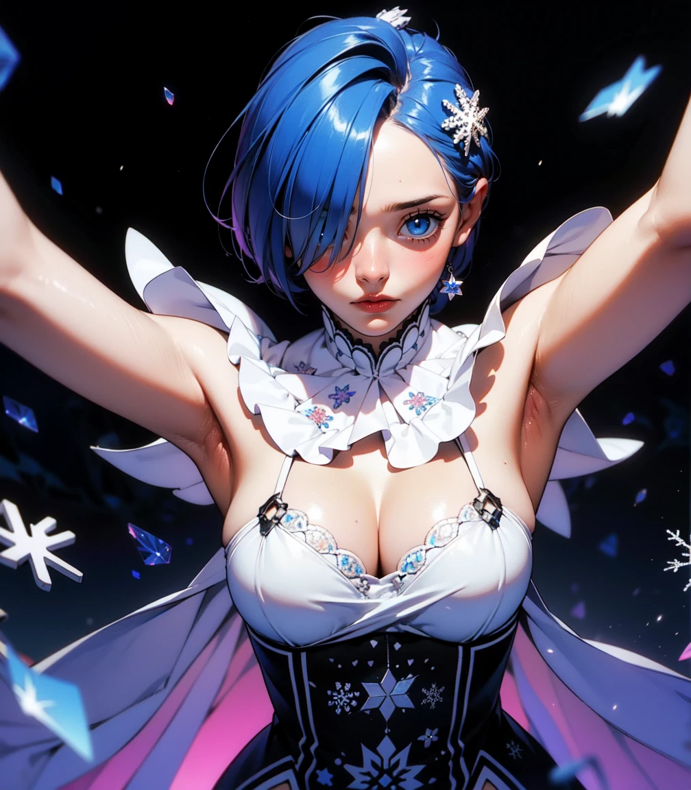 Masterpiece, best quality, 16k resolution, NVIDIA RTX Ray Tracing technology, Create a 4K resolution, ultra-realistic, and extremely detailed artwork, award winning, retina, soft light, sharp focus.(hyper-realistic:1.4) , (medium shot:1.5), (Fractal Art:1.9)、(snowflakes:1.3)、
Rem from rezero, (remrin), cute, lustrous skin, enchanting gaze, blue hair, short hair, (hair over one eye:1.3), blue eyes, roswaal mansion maid uniform, black skirt, garter belt, intricate lace, apron, white thighhighs, looking at viewer, strongly ashamed, embarrased, blushing, epic, cinematic, dramatic, reflective, shining, purple glow, big breasts, cleavage, sexy, modeling pose, turned
smooth perfect skin, smooth_skin
Beautiful、(red blush)、big breasts,
FULL BODY SHOT, ultra wide angle, textured skin, face detail, clean skin, perfect hands, perfect anatomy, anatomically correct