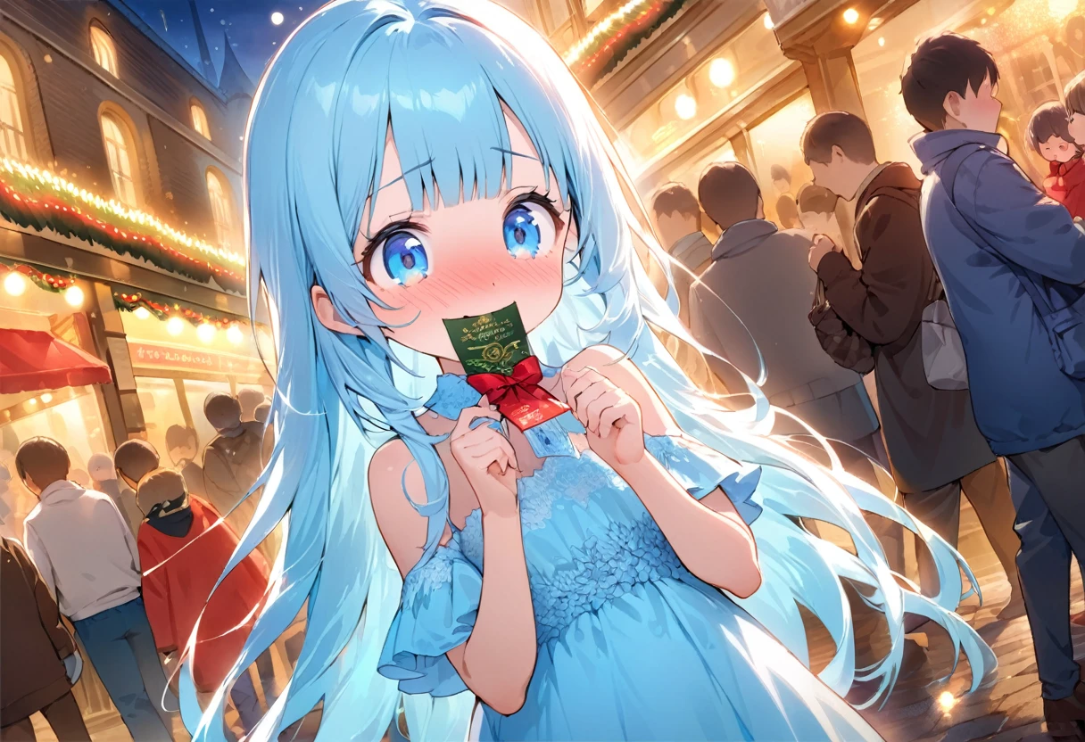 masterpiece, best quality, extremely detailed, (illustration, official art:1.1), 1 girl ,(((( light blue long hair)))), ,(((( light blue long hair)))),light blue hair, , long hair ((blush)) , cute face, big eyes, masterpiece, best quality,(((((a very delicate and beautiful girl))))),Amazing,beautiful detailed eyes,blunt bangs((((little delicate girl)))),tareme(true beautiful:1.2), sense of depth,dynamic angle,,,, affectionate smile, (true beautiful:1.2),,(tiny 1girl model:1.2),)(flat chest),1lady solo, (holding an elegant ticket (in front of face:1.2)), (stylish outfit), (nose blush) light smile (embarrassed:1.2) shy, (masterpiece best quality:1.2) delicate illustration ultra-detailed, (main street outdoors), Christmas illumination, crowded