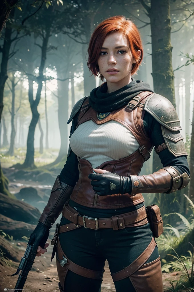 ((masterpiece, Best Quality)), Leliana from Dragon Age, (high detailed leather), legs, (seductive expression:1.2), various poses, fantasy forest background, (HD, 8K Wallpaper, High resolution), cinematic lighting,  intense sunlight, physically based rendering, awarded, extremely detailed skin, Extra detailed face, high detail eyes, Carl Zeiss 85 mm F/1.4, by Ellen von Unwerth