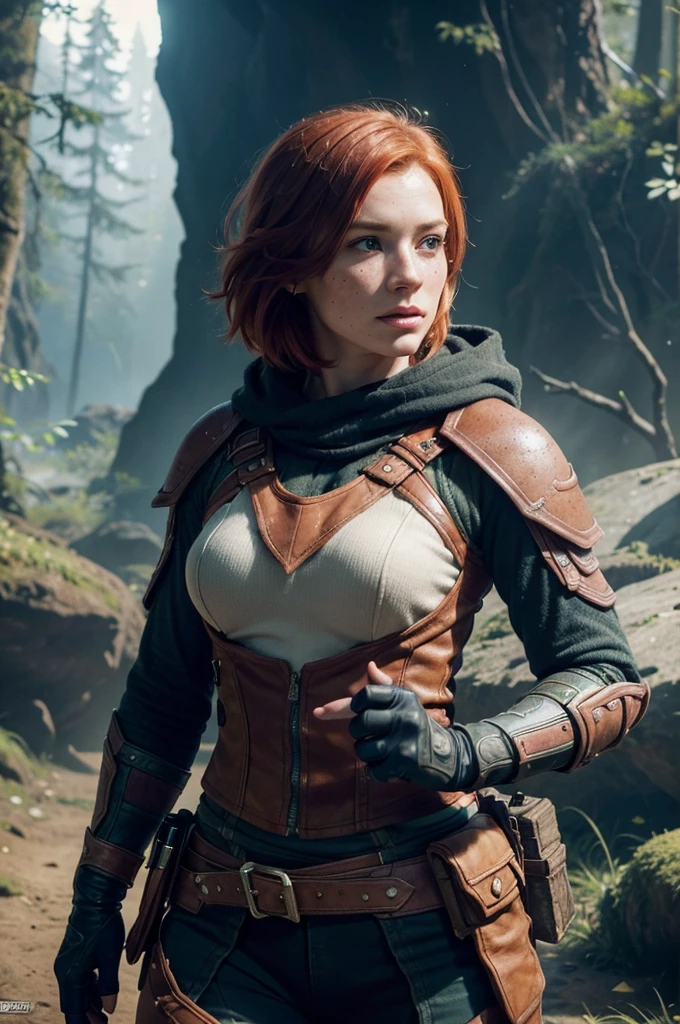feminine figure, redhead, freckles, best quality, realistic skin texture, photography, detailed facial features, film grain texture and high contrast, extremely high-resolution details, photographic, photorealistic, hyper-realistic, HDR, masterpiece, (short hair), medium breasts, dressed as a marksman hunter from World of Warcraft, forest with a cave background