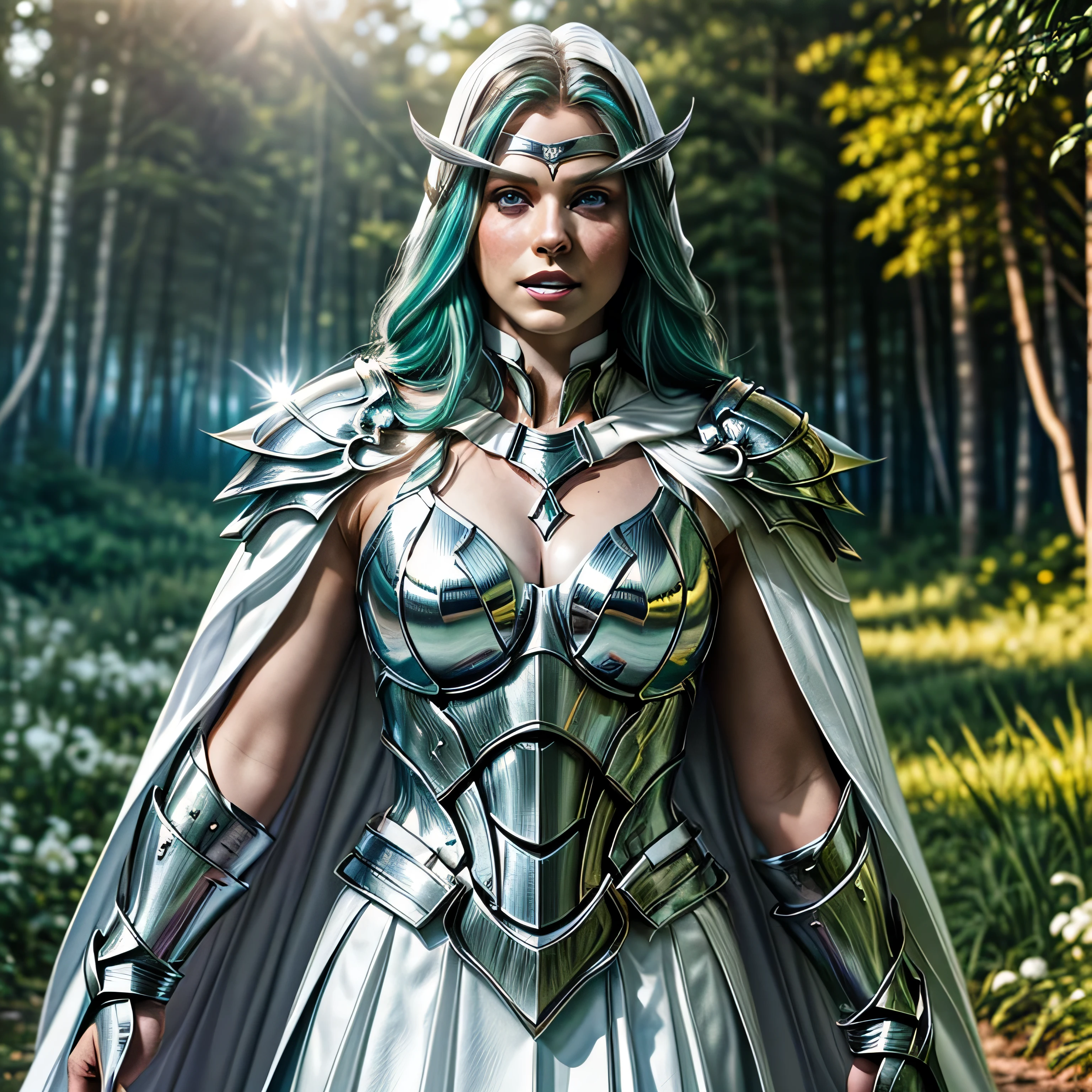 (masterpiece, photorealistic:1.4, extremely intricate:1.3), (photon mapping, radiosity, physically based rendering, ultra resolution, hyper-realistic, 8K), age supermodel twin braids, glowing eyes, tyrande, (((((white chrome armor, white cape, pauldrons)), running), [large breasts:medium breasts:0.3], [skin detail:freckles:0.8])), forest, background outdoor, flowers, glowing butterflies, bokeh, sunset, [aqua hair:blonde hair:0.8]
