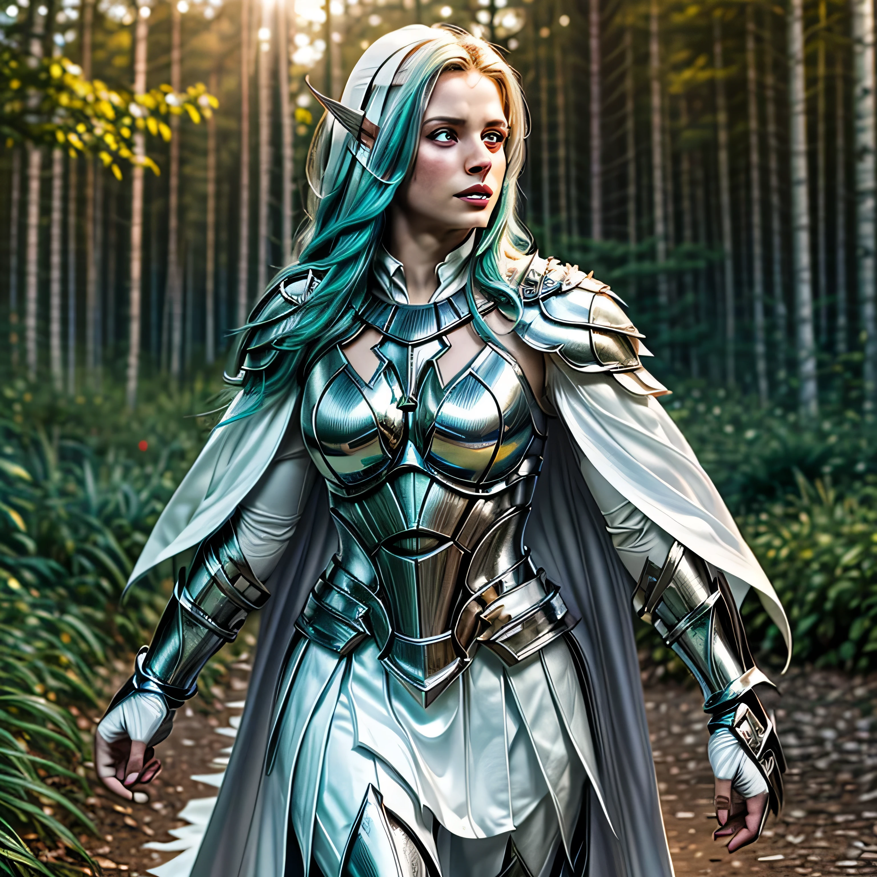 (masterpiece, photorealistic:1.4, extremely intricate:1.3), (photon mapping, radiosity, physically based rendering, ultra resolution, hyper-realistic, 8K), teenage supermodel twin braids, glowing eyes, tyrande, (((((white chrome armor, white cape, pauldrons)), running), [large breasts:medium breasts:0.3], [skin detail:freckles:0.8])), forest, background outdoor, flowers, glowing butterflies, bokeh, sunset, [aqua hair:blonde hair:0.8]
