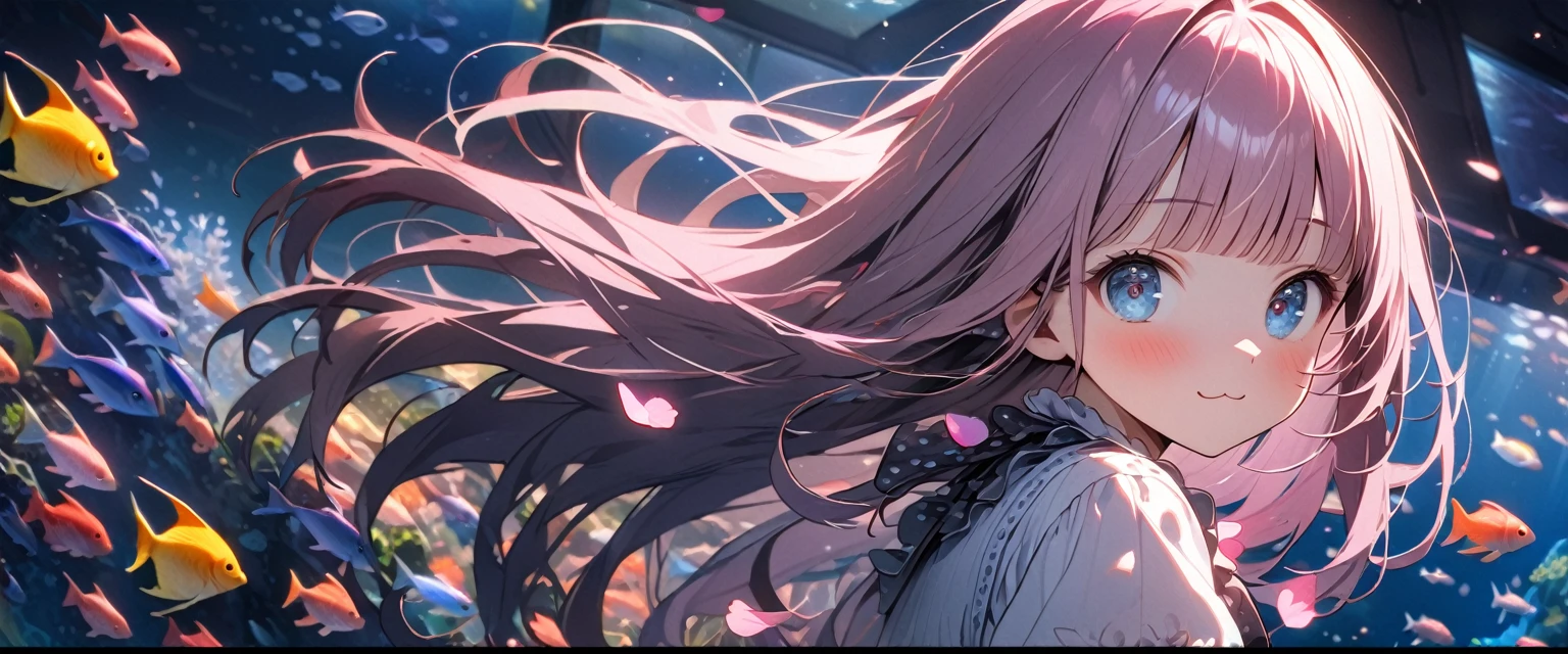 (8K, best quality, master piece: 1.2), super high resolution,1 girl,solo,16yo,ultra-detailed face,detailed eyes,blunt bangs,Mauve pink hair,Straight hair,Long hair,white short sleeve petal collar blouse,blue eyes,polka-dot pattern hair ribbon,looking back,;3,rim light,So many ornamental fish,aquarium