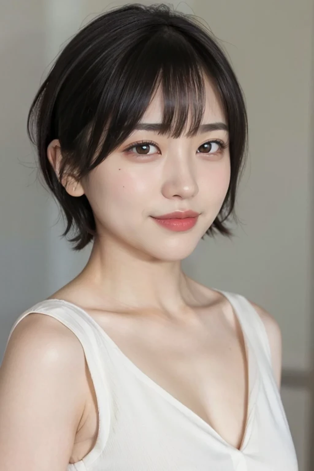 white dress shirt, naked shirt,cleavage ,open shirts,large shirts,no panties,bottomless
,(see-through nipples:1.1), one girl, , 8k, RAW photo, best quality, masterpiece, realistic, photo-realistic, clear, professional lighting, BREAK, no makeup face, smile, BREAK, (short cut hair, small breasts:1.2), (looking back:1.2), black eyes, black hair
