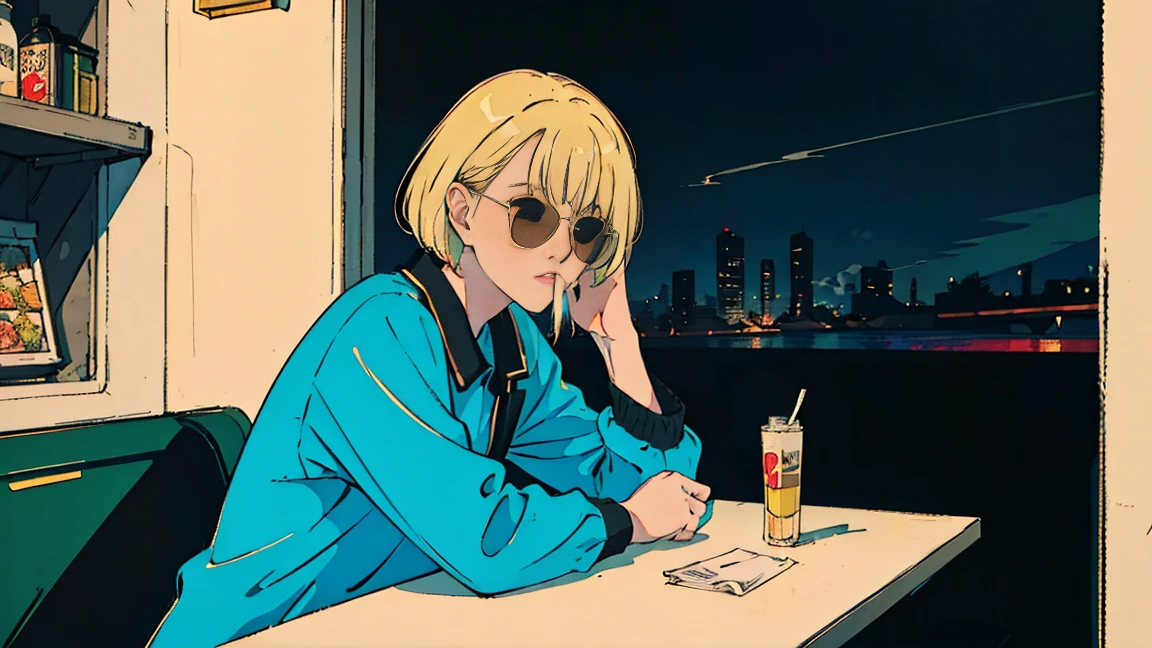 Beautiful blonde Asian girl sitting in a diner at night, visible from the window, perfect face, sunglasses, Smoking white Taylormade cigarettes, neon black, (with backlight: 1.1), hard shadow, masterpiece, highest quality, Complex, model shooting style, vintage, film grain, incomplete details