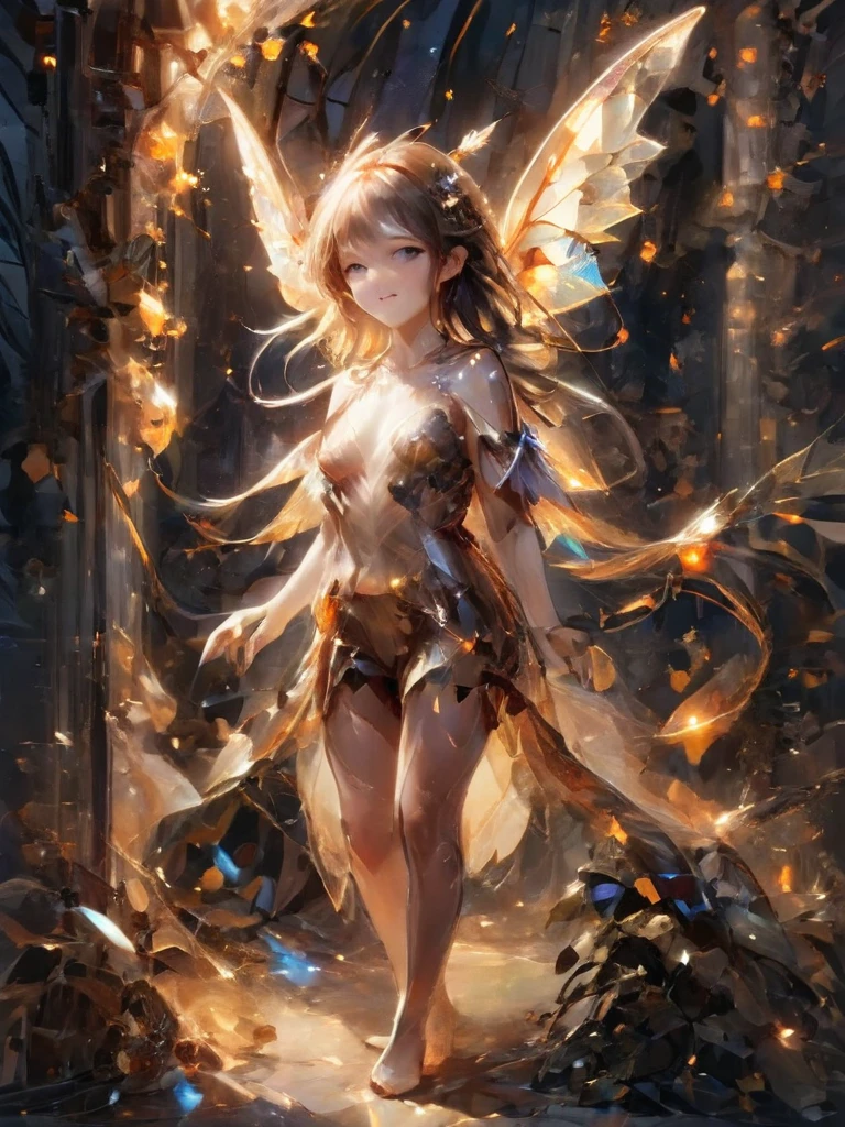 Faye, Full-length portrait of a girl,((Beautiful  with bat wings))、A perfect smile、 In a secret hideout, The enchanting garden invites you, Delicate flowers that give off a magical feeling, Makes objects made of Lal Amber appear transparent, Intricate details, Abstract, Whimsical,  