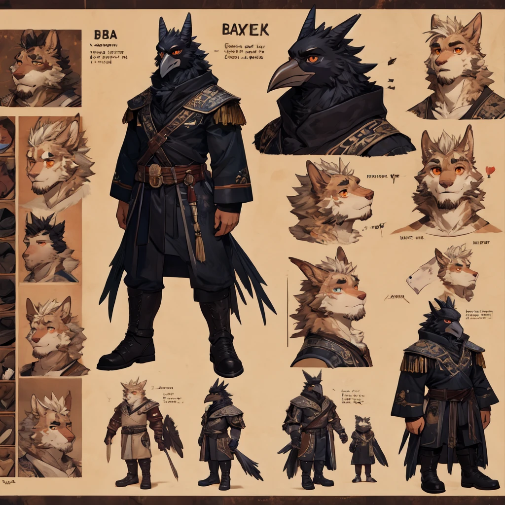 bara tall cuervo furry male, character design, Dim lighting, orange eyes, fursona reference sheet, furr boy cuervo, (crow head humanoid body) crest that looks like sharp spikes on its head and shoulders, warrior emperor appearance