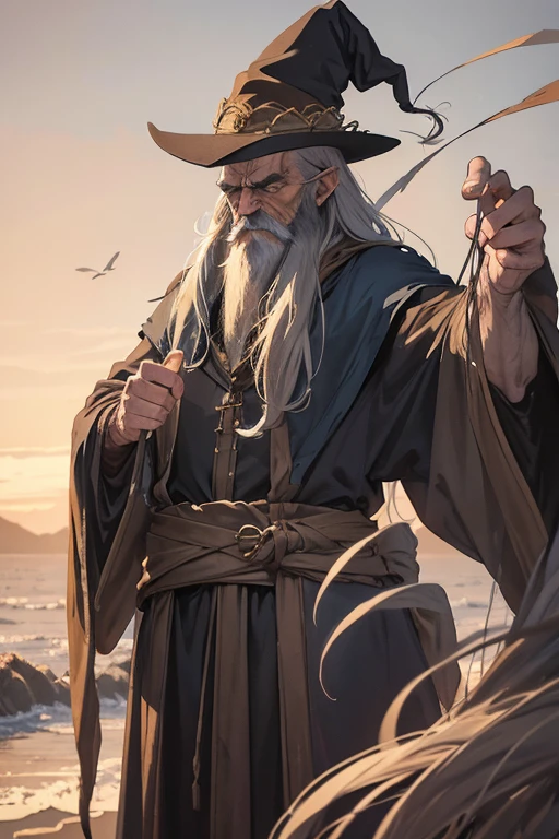 grumpy old wizard, skinny, lanky, long ruffled whispy hair