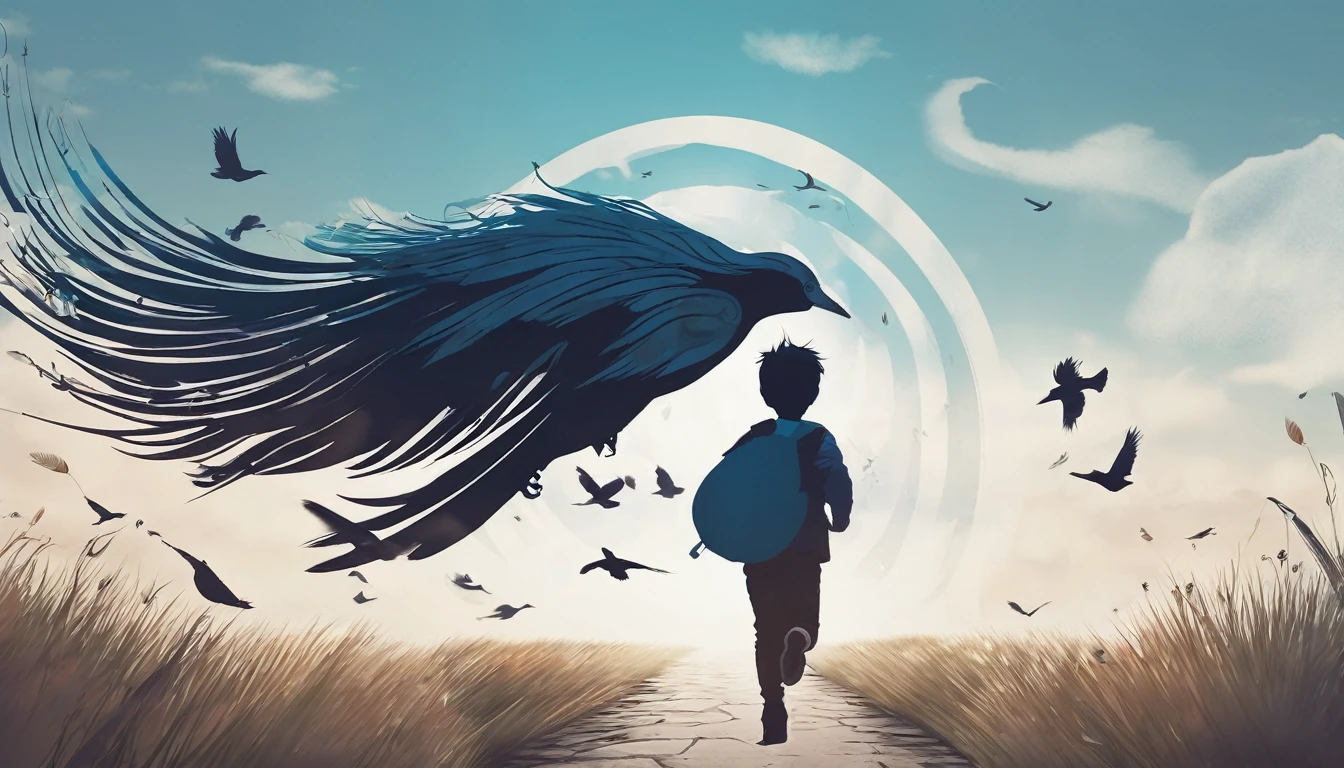 Create a professional, fantastic, cinematic Youtube Banner for a brand about music and stories called " Penamemoria". Masterpiece, 4k, sharp focus, highest quality,wide shot. The title is " Penamemoria". Is a brand about the creative, unique journey of a boy into becoming a musician storyteller. In his journey he finds inspiration in a world of birds and feathers. Minimalistic, simple, poetic, dreamy logotype at the center of the image. The Background image is a world full of fantastic feathers, unique birds, light blue sky. Logo design of a boy running happily into the horizon with an acoustic guitar in his right hand and a feather on the left hand. Boy running against the wind, almost simulating like he is flying.