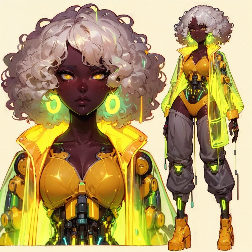 line-less manga style, anime semi realistic,  Baroque Anime Style, African American_female, mature facial features, wet curly white hair, heavy-lidded eyes, semi realistic, anime, neon yellow details, see-through yellow lava lamp abdomen, exposed lava lamp fluid stomach, short white curly wet afro, sci fi robotic neon yellow lava lamp arms, saggy baggy grey pants, neon robotic parts, glowing neon hoop ear rings, high resolution, high quality, full body 