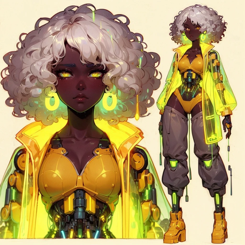 line-less manga style, anime semi realistic, Baroque Anime Style, African American_female, mature facial features, wet curly white hair, heavy-lidded eyes, semi realistic, anime, neon yellow details, see-through yellow lava lamp abdomen, exposed lava lamp fluid stomach, short white curly wet afro, sci fi robotic neon yellow lava lamp arms, saggy baggy grey pants, neon robotic parts, glowing neon hoop ear rings, high resolution, high quality, full body