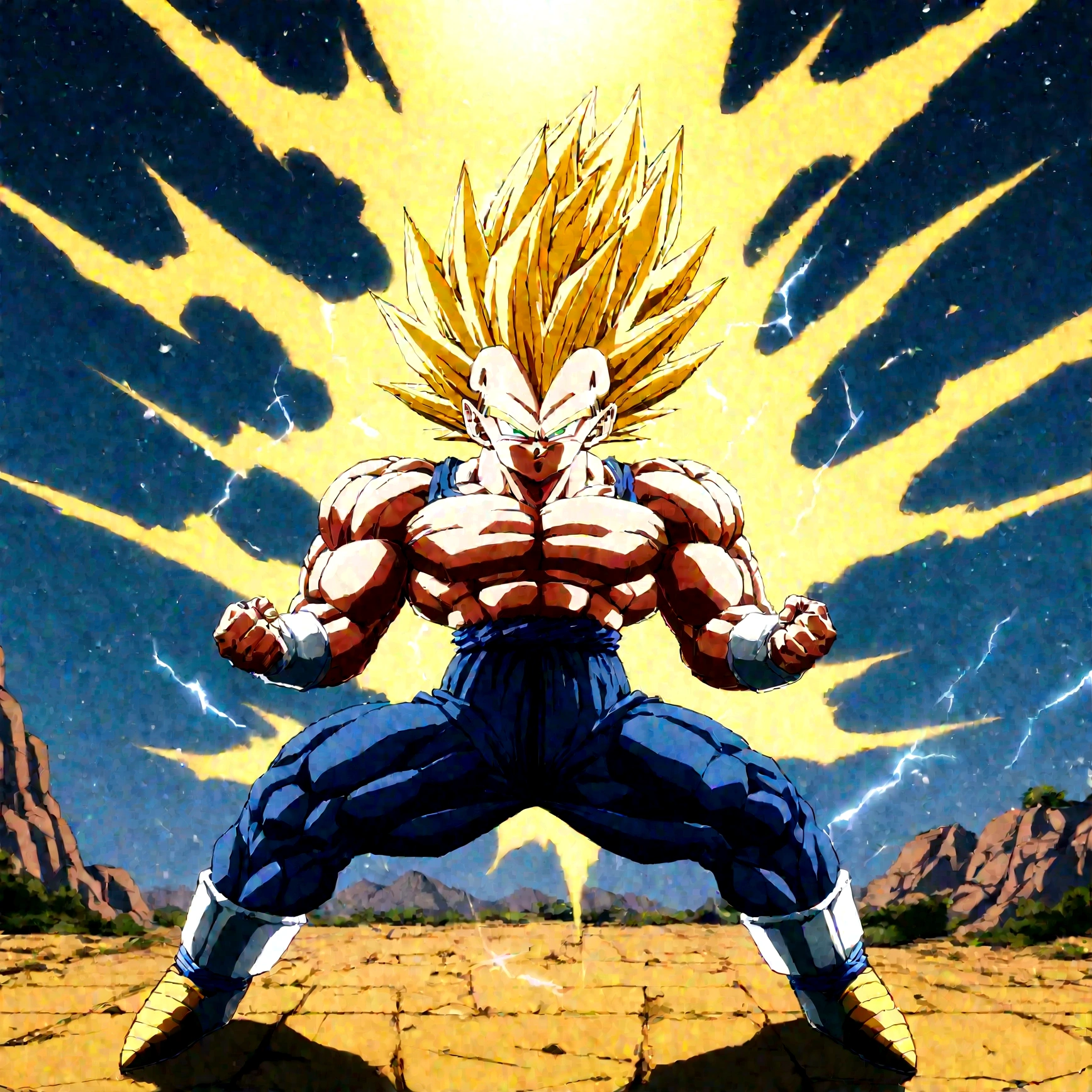 1boy, Vegeta, from Dragon Ball Z, Vv2essjnss, yellow hair, spiked hair, green eyes, male focus, straddle stance, (huge muscles:1.5), full body, yellow aura, electricity, Dragon Ball Z artstyle, in the style of Akira Toriyama, white tiled floor, outdoors, flat-top mountains, Extreme Wide shot, Low Angle Shot, , masterpiece, best quality, very aesthetic, absurdres