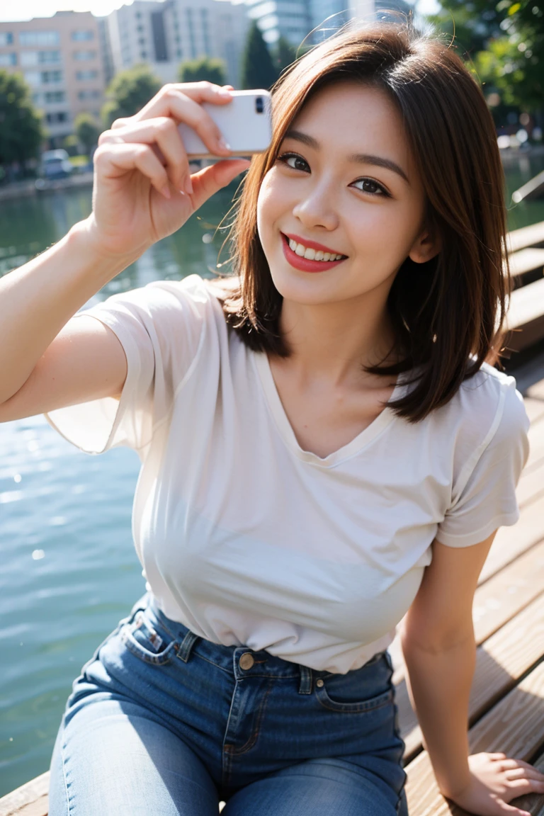 Highest quality，８ｋ，Brown Hair，Shoulder-length bob，clear系美女，ｃcup，smile，Shiny skin，T-Shirts，Wearing jeans，Wearing a blouse，Shown in full-body photo，Looking up，Strong sunlight, bright, She is smiling gently with the corners of her mouth turned up,Realistic skin texture，double eyelid，Japanese，Taking a selfie，Eye color is dark brown，lake，a sunny day，clear，19～２２age，Photorealistic，，Looks energetic，giggle，Super detailed，Ultra-high resolution，She is wearing red lipstick，