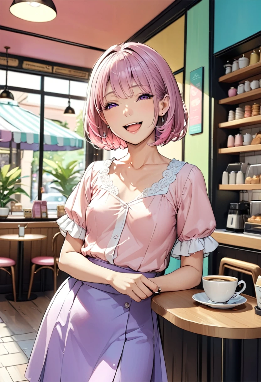 (Masterpiece:1.21),(FHD),(16K),(Top Quality:1.24),(Super Resolution),(Superb Illustration),(Best Shadow),(High Quality),(Super Detail:1.15),(Super Detail), Superb Detail, Elaborate,1 Woman, Japanese Woman,(Housewife:1.5),(40 Years Old:1.3),(Attractive Mature Woman:1.66),(Middle Age:1. 49),Casual, simple blouse,V-neckline,knee-length skirt, blouse in bright colors,pastel shades,(((cafe interior,in room))),(laugh:1.4),(small breasts:1.81),((graduated haircut)),