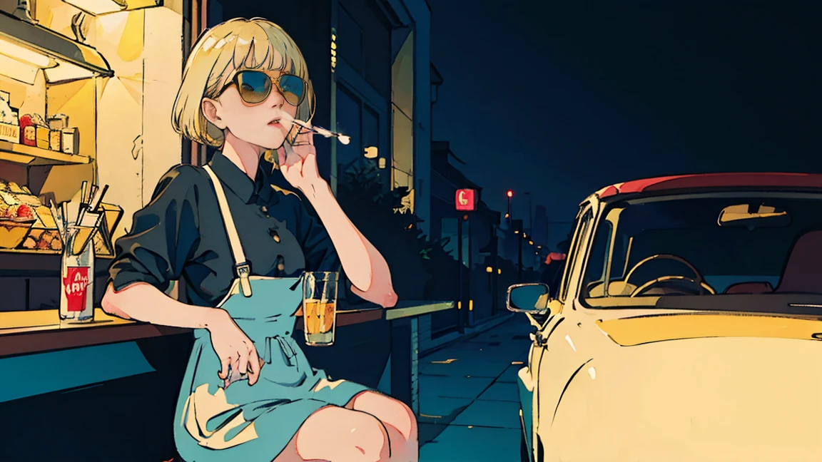 Beautiful blonde Asian girl sitting in a diner at night, visible from the window, perfect face, sunglasses, Smoking white Taylormade cigarettes, neon black, (with backlight: 1.1), hard shadow, masterpiece, highest quality, Complex, model shooting style, vintage, film grain, incomplete details
