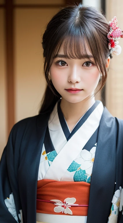 Close-up portrait of a young woman in a kimono、Calm expression、Natural light、Soft Focus