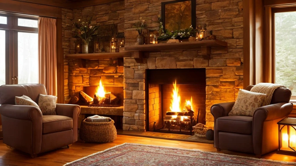 arafed room with a fireplace and a chair in it, cozy place, cozy wallpaper, cozy room, cozy home background, cozy environment, cosy enchanted scene, cozy and peaceful atmosphere, cozy atmospheric, cozy and calm, cozy lighting, warm interior, cozy setting, cozy atmosphere, cosy atmoshpere, pleasant cozy atmosphere, cozy living room background