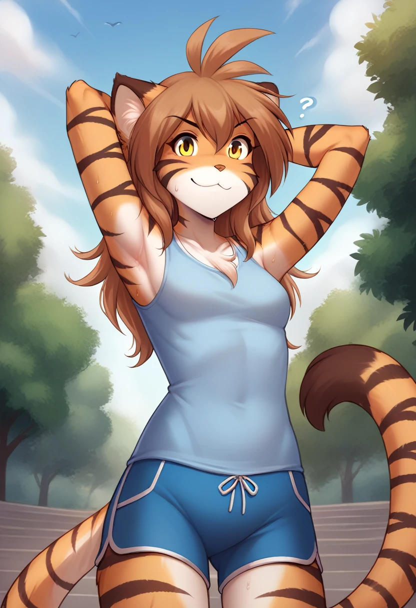 score_9, score_8_up, score_7_up, score_6_up, score_5_up, score_4_up, rating_safe, source_furry, a female anthro fluffy, 1girl, solo, female, furry, anthro, fluffy tail, small breasts, tiger, striped fur, yellow eyes, anthro, confused smile, light (blush:1.05), (sweat, sweaty, steam:1.2), (bottom view:1.1), park background, flora-twokinds, standing, looking at viewer, (shy:1.2), hands behind head, personalamistyle, (blue shorts, blue shirt:1.15), after workout