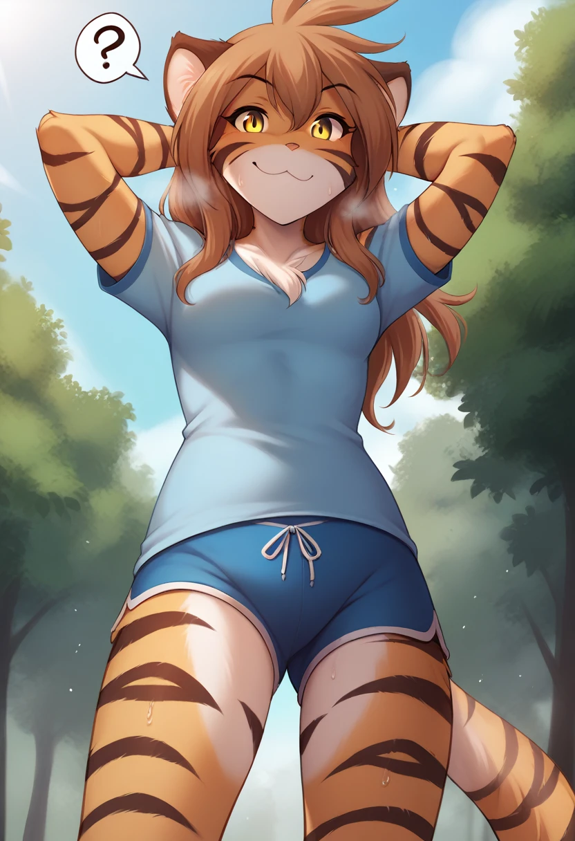score_9, score_8_up, score_7_up, score_6_up, score_5_up, score_4_up, rating_safe, source_furry, a female anthro fluffy, 1girl, solo, female, furry, anthro, fluffy tail, small breasts, tiger, striped fur, yellow eyes, anthro, confused smile, light (blush:1.05), (sweat, sweaty, steam:1.2), (bottom view:1.1), park background, flora-twokinds, standing, looking at viewer, (shy:1.2), hands behind head, personalamistyle, (blue shorts, blue shirt:1.15), after workout