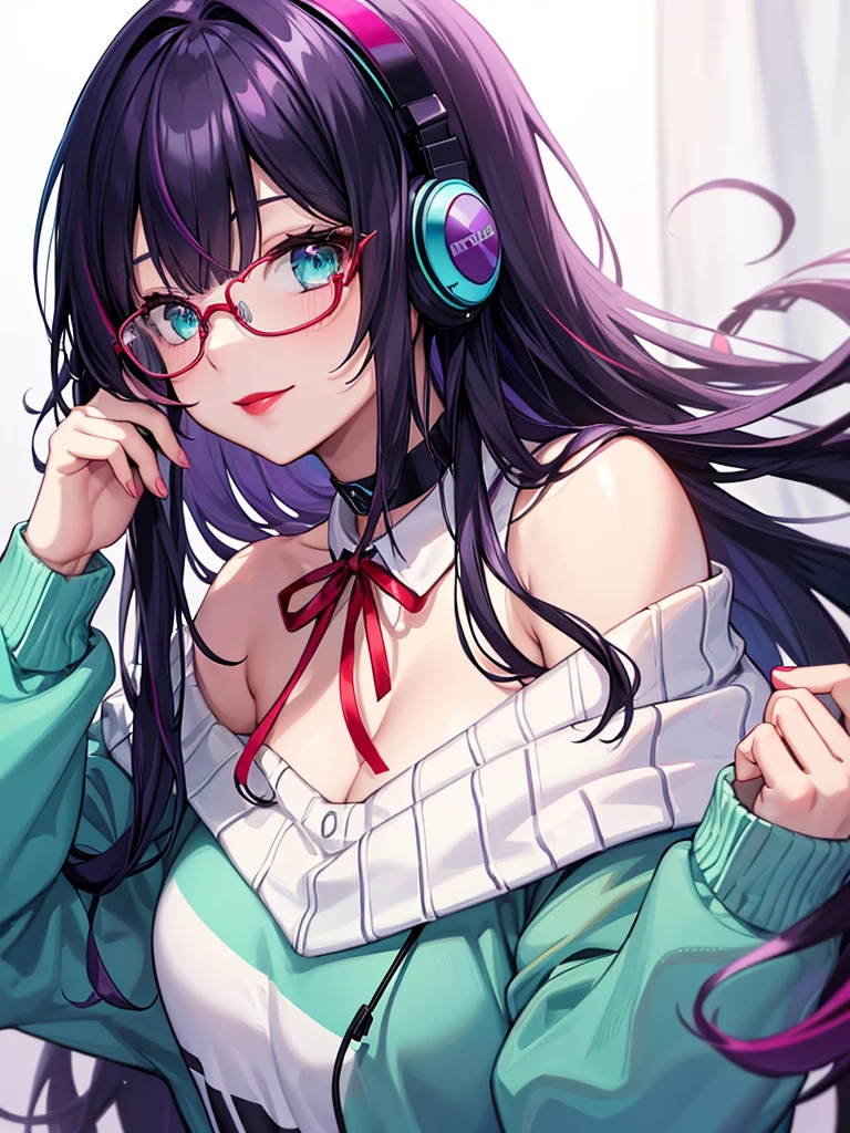 ((Highest quality)), ((masterpiece)), ((Fine grain)), Perfect Face, woman, Gamer Girl, ((Aqua Eye)), (Cherry red lips), A light smile, Long black hair, purple streak hair, Wearing headphones, bangs, ribbon, choker, Nerdy glasses, She is wearing a white off-the-shoulder sweater, She&#39;s on the ground, ((Missionary pose)), ((Spread your legs)), Inner thigh exposure, Black Skirt, at night, Neon Light, Colorful lights, Purple and cyan themed background