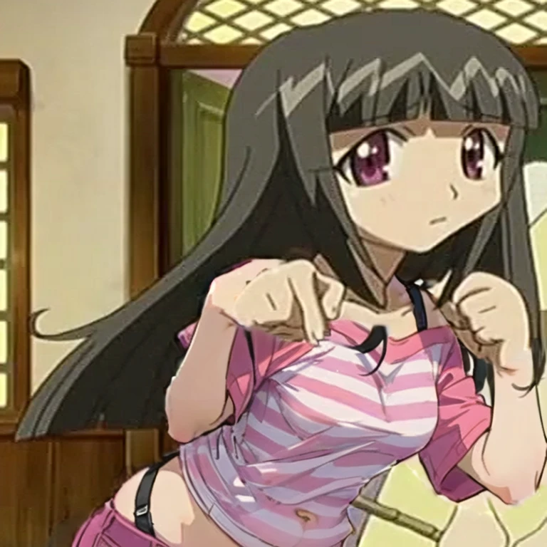 pink Baby tee, belly shirt, stripy t shirt 2d anime,
