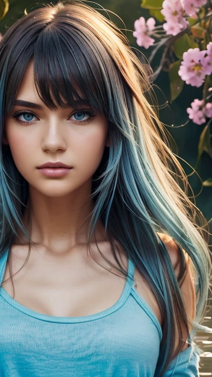 (work of art), (best qualityer), (ultra detaild),(Messy hair),(illustration), (1 girl), (Trendy clothes), standing, model fashion, gazing at viewer, seducing gaze, (interview), (simple background), beautiful detailed eyes, delicate beauty, floating, (high saturation), (colorful wince), Colored Bubbles, (Glow Up), focus on the face, hypdertailed, Alex Less, hair light blue, bangss, Elastic, floating flowers, loose hair, (Ablaze), better lighting, better shadows, perfect hands
