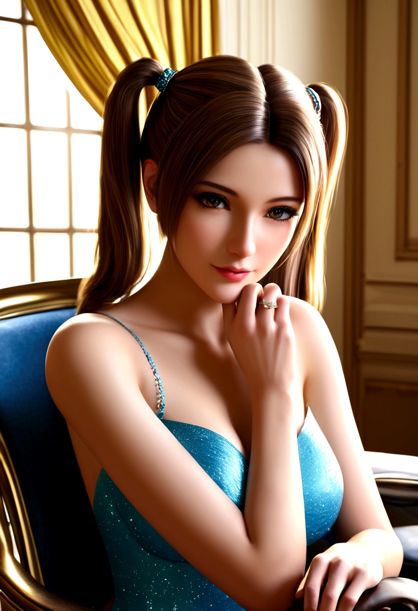1 Girl, Brown_twintails, sit, Chair, boring, Chin on hand, beautiful eyes,masterpiece, best quality