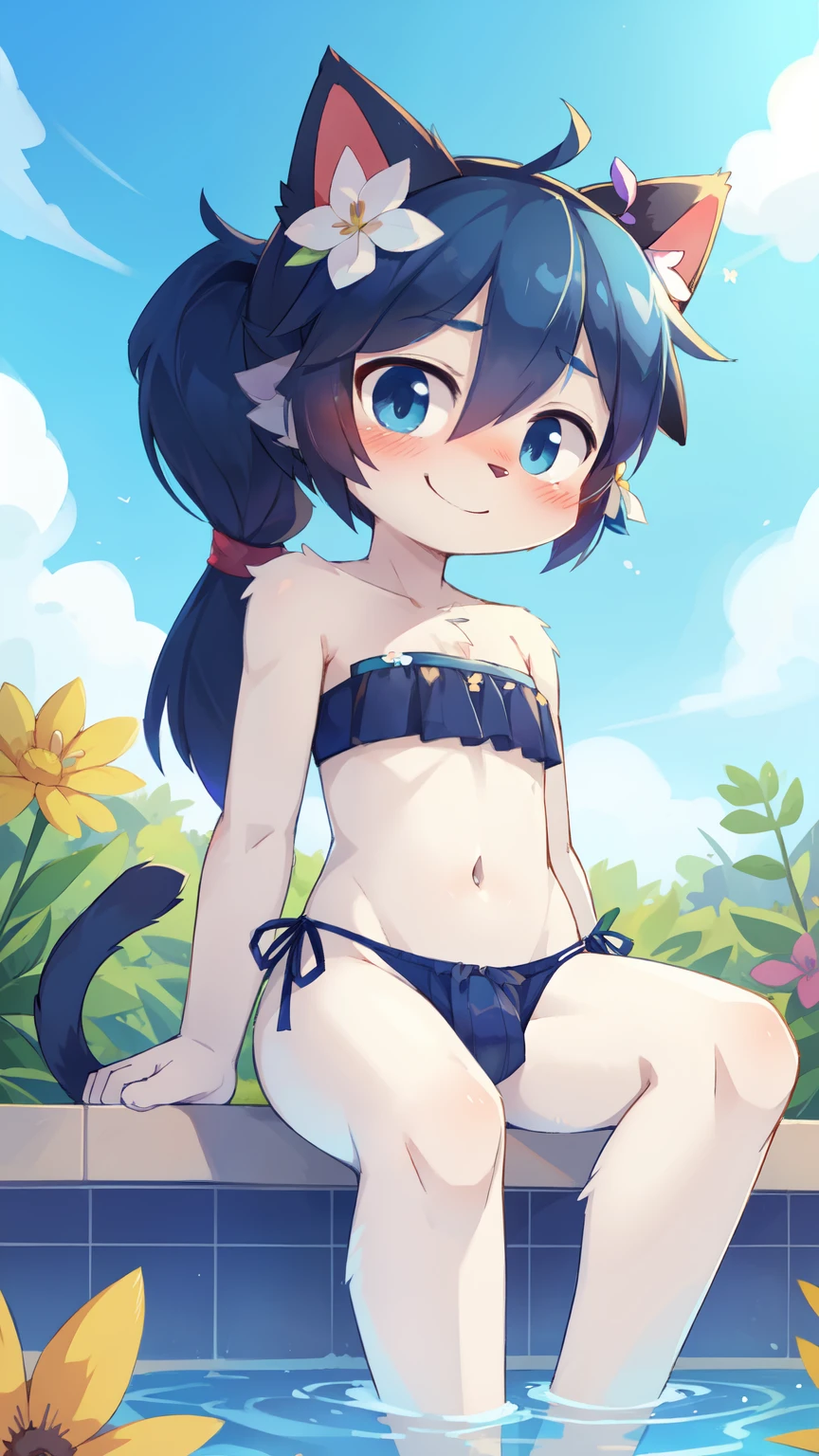 score_9,score_8_up,score_7_up, source_cartoon, source_furry, cat shota, cat tail, dark blue hair, hair over one eye, very long ponytail, furry, blush, looking at viewer, smile, 1boy, cat ears, furry male, white body fur, ((flower on hair, dark blue strapless fringed bandeau bikini)), blue eyes, blush, shy, low angle, navel, cheek tuft, facial tuft, uperbody, sit on pool, clear sky,