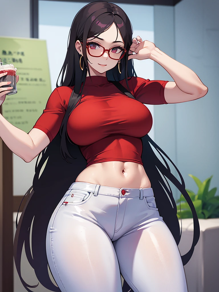 Women, sexy, White skin color, Red T-shirt, jeans, tight, sonrriente, earrings, big thighs, long hair, glasses, Big bust, exposed abdomen