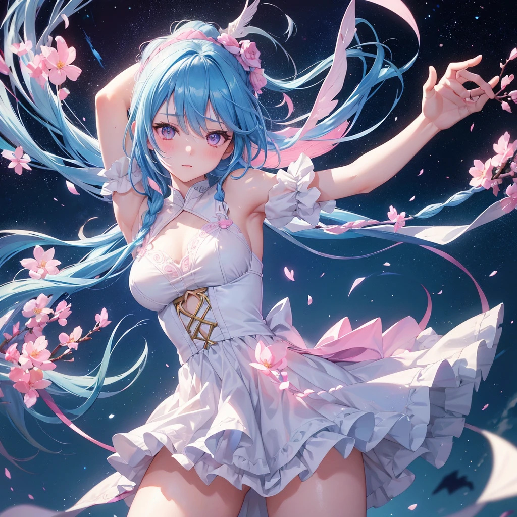 Sky blue hair, (One braided ponytail),(Pink Eyes),Fair skin ,(whole body),(One girl),Angel,Orihime,(Sky Yue),Tanabata,(The Milky Way in the night sky),Hollow Eyes,Blushing,Straight bangs,(masterpiece, Highest quality, Very detailed, Best Shadow), (Detailed Background), (Beautifully detailed face), High Contrast, (Best lighting, Very delicate and beautiful), ((Cinematic Light)), colorful, Hyper Detail, Dramatic Light, Intricate details,Open your arms