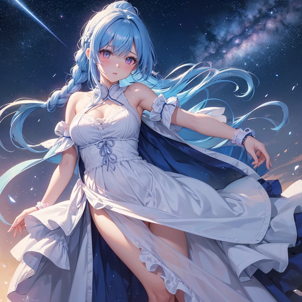 Sky blue hair, (One braided ponytail),(Pink Eyes),Fair skin ,(whole body),(One girl),Angel,Orihime,(Sky Yue),Tanabata,(The Milky Way in the night sky),Hollow Eyes,Blushing,Straight bangs,(masterpiece, Highest quality, Very detailed, Best Shadow), (Detailed Background), (Beautifully detailed face), High Contrast, (Best lighting, Very delicate and beautiful), ((Cinematic Light)), colorful, Hyper Detail, Dramatic Light, Intricate details,Open your arms