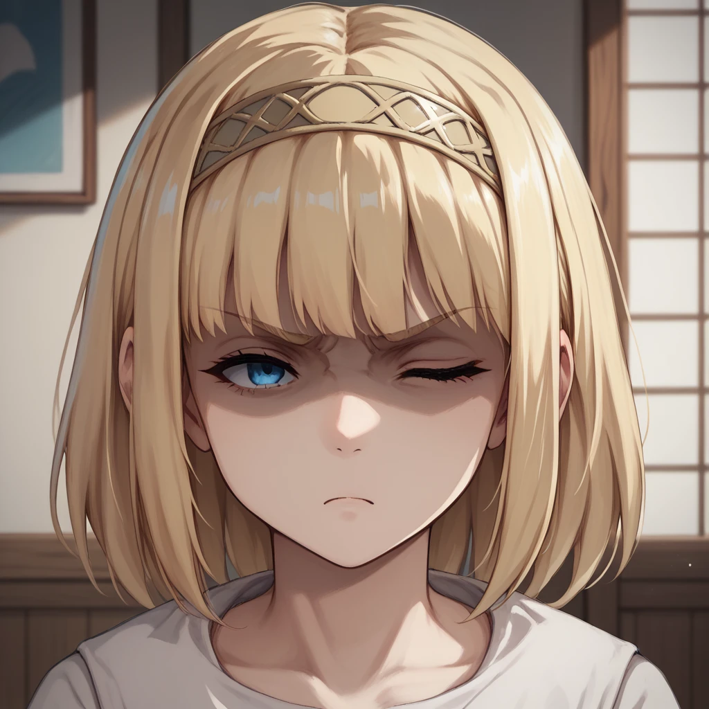 score_9, score_8_up, score_7_up, ymir fritz,1girl, solo, hairband, blonde hair, bangs, blue eyes, medium hair,shaded face,white dress, short sleeves, room, , close up, angry, closed eyes, head up, looking up, neck, swallow, swallowing,