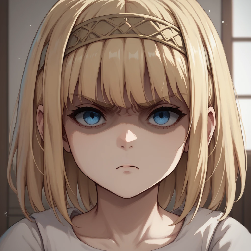 score_9, score_8_up, score_7_up, ymir fritz,1girl, solo, hairband, blonde hair, bangs, blue eyes, medium hair,shaded face,white dress, short sleeves, room, , close up, angry, closed eyes, head up, looking up, neck, swallow, swallowing,