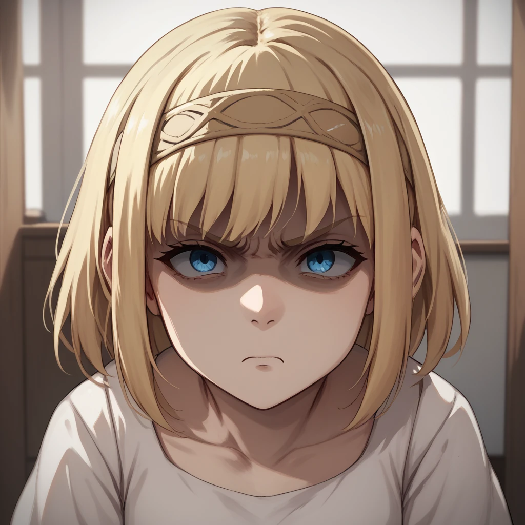 score_9, score_8_up, score_7_up, ymir fritz,1girl, solo, hairband, blonde hair, bangs, blue eyes, medium hair,shaded face,white dress, short sleeves, room, , close up, angry, closed eyes, head up, looking up, neck, swallow, swallowing,