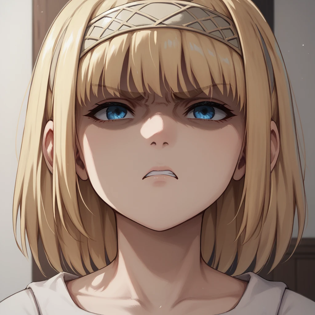 score_9, score_8_up, score_7_up, ymir fritz,1girl, solo, hairband, blonde hair, bangs, blue eyes, medium hair,shaded face,white dress, short sleeves, room, , close up, angry, closed eyes, head up, looking up, neck, swallow, swallowing,