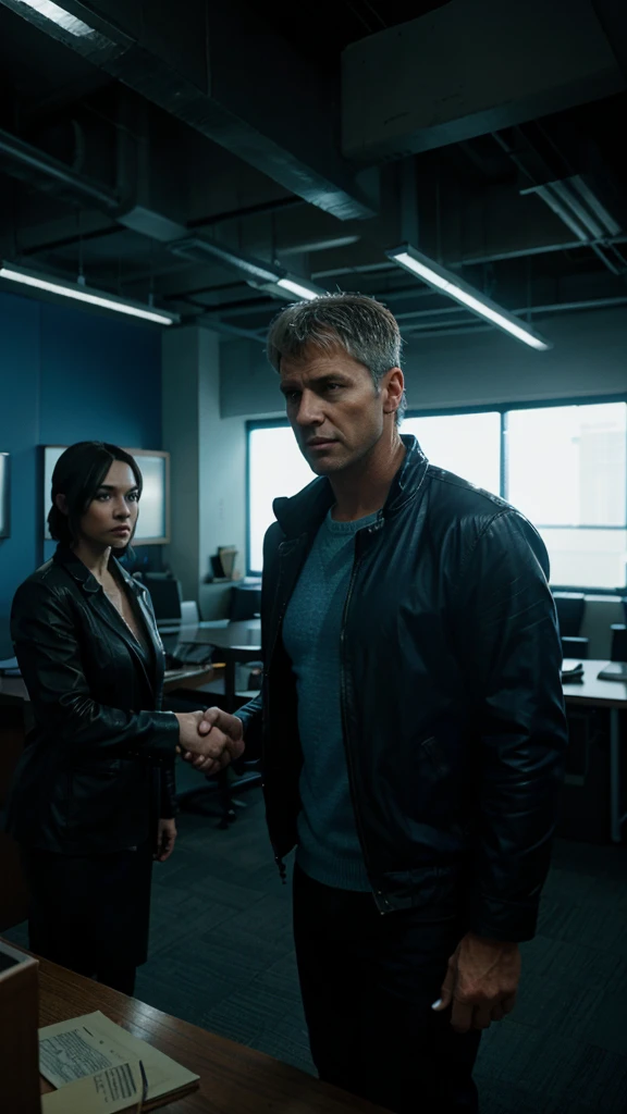 the  boss shaking micheals hand in an office, 4k realistic imagery, blue scenery like a movie scene, old american setting, inspired by blade runner movie scene, blue tone,