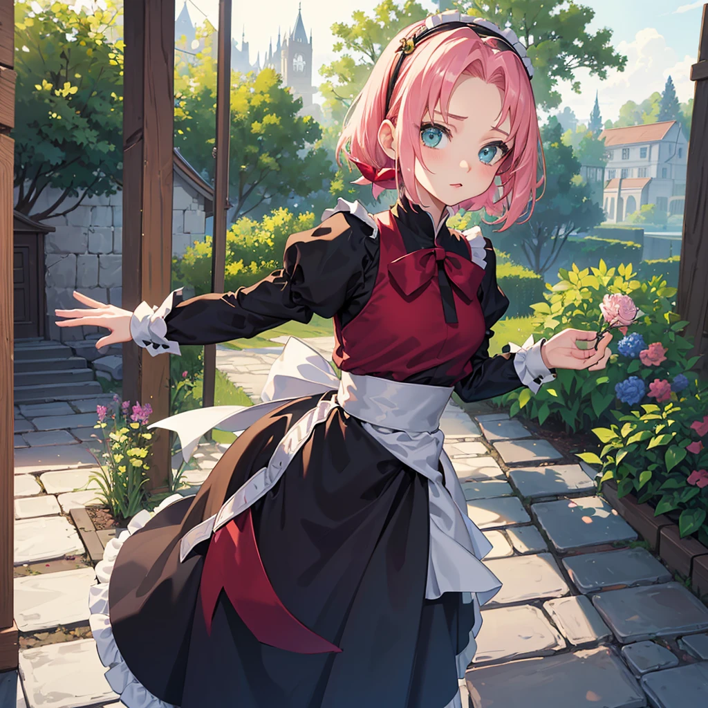 (best quality)), ((Masterpiece)), (Detailed), Perfect Face,1girl,harunoshipp, hairband, forehead protector,gothic lolita,fine-grained cloth ,frilled mini skirt,puffy sleeves,juliet sleeves, hairband,maid, maid clothes,maid apron, maid headdress,frilled skirt,garden