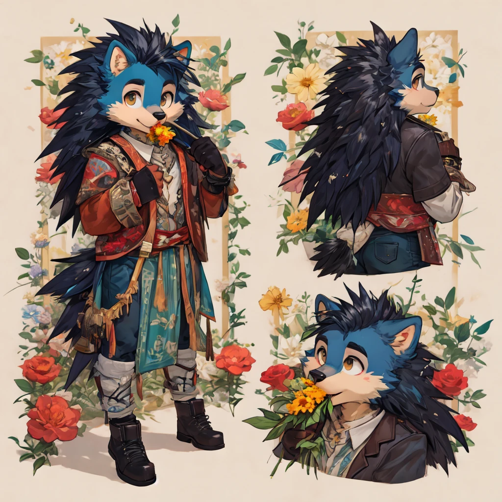 Half porcupine hedgehog bird. Flowers in the mouth and thorns in the butt. character reference. whole body