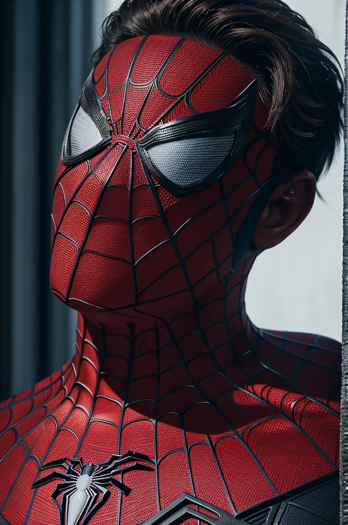 A photograph of Spider-Man., sin mascara, the 20s, elegant, detailed face, looking to the camera, portrait, 8k hd, high quality