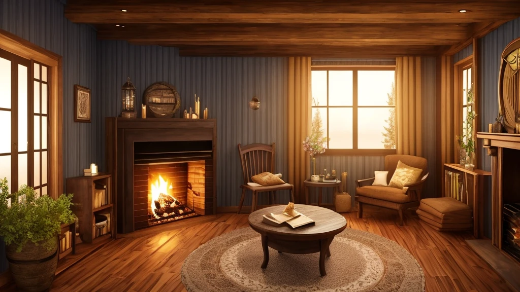arafed room with a fireplace and a chair in it, a detailed matte painting inspired by Evgeny Lushpin, polycount contest winner, digital art, cozy place, cozy wallpaper, cozy room, cozy home background, cozy environment, cosy enchanted scene, cozy and peaceful atmosphere, cozy atmospheric, cozy lighting, cozy and calm, warm interior, cozy setting