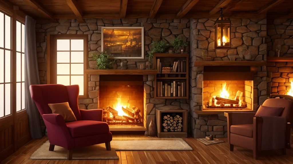 arafed room with a fireplace and a chair in it, a detailed matte painting inspired by Evgeny Lushpin, polycount contest winner, digital art, cozy place, cozy wallpaper, cozy room, cozy home background, cozy environment, cosy enchanted scene, cozy and peaceful atmosphere, cozy atmospheric, cozy lighting, cozy and calm, warm interior, cozy setting