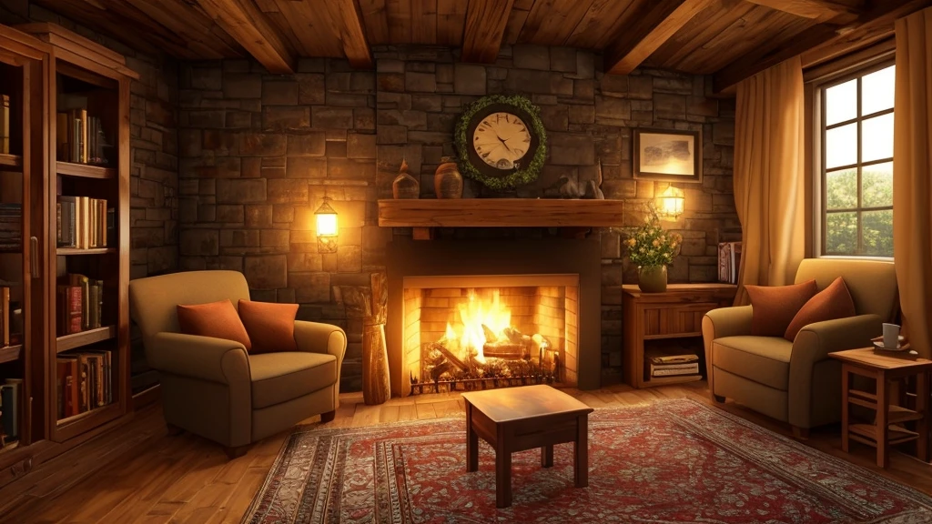 arafed room with a fireplace and a chair in it, a detailed matte painting inspired by Evgeny Lushpin, polycount contest winner, digital art, cozy place, cozy wallpaper, cozy room, cozy home background, cozy environment, cosy enchanted scene, cozy and peaceful atmosphere, cozy atmospheric, cozy lighting, cozy and calm, warm interior, cozy setting