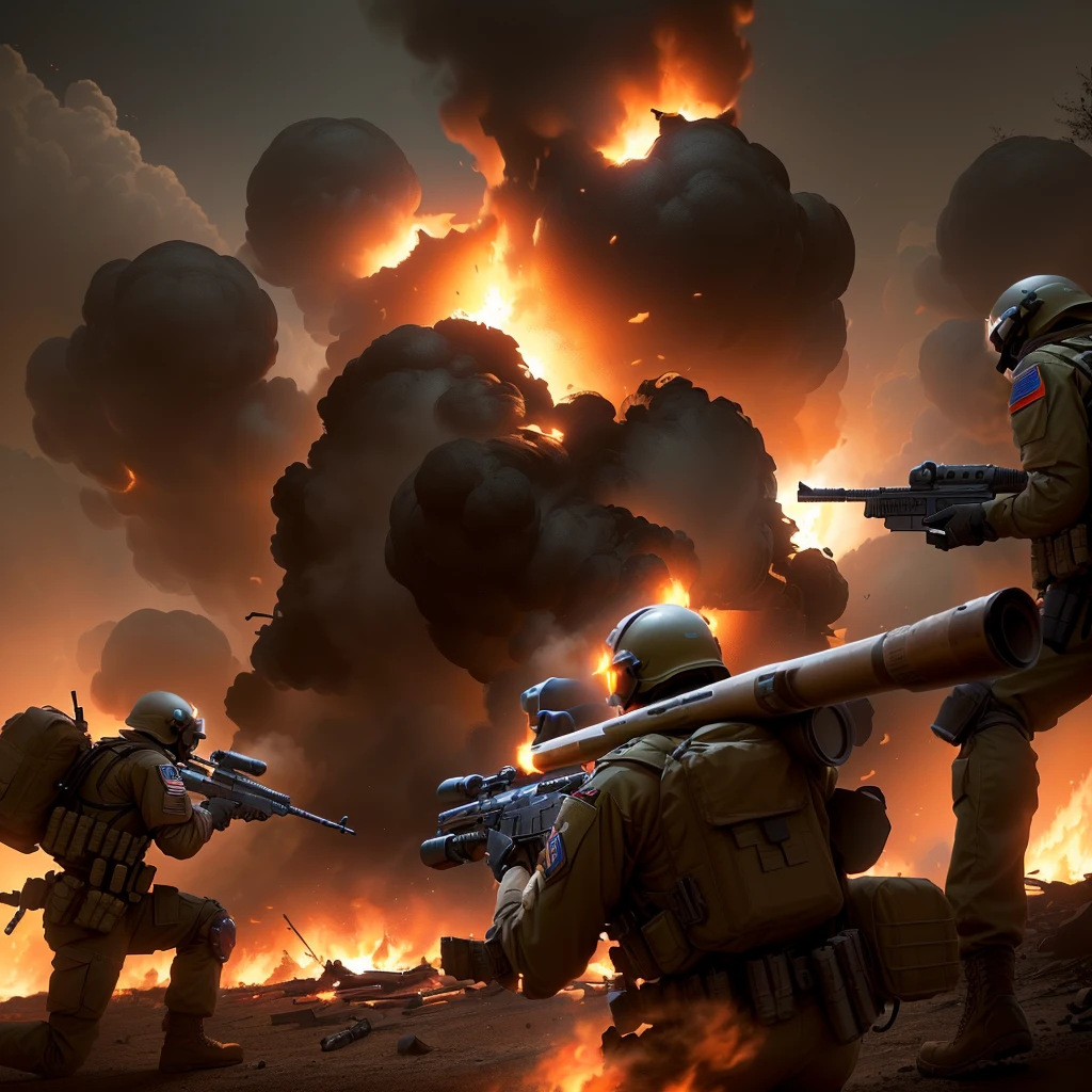 soldiers in uniform with weapons and helmets are in front of a fire, an escalating violent firefight, realistic apocalyptic war scene, powerful explosions, explosions and smoke, dark color. explosions, battlefield backround, huge explosions everywhere, battlefield scene, charge explosives, heavy weapons fire, fps game concept art, mech machines firing bullets, explosions and fire, soldiers and mech fight
