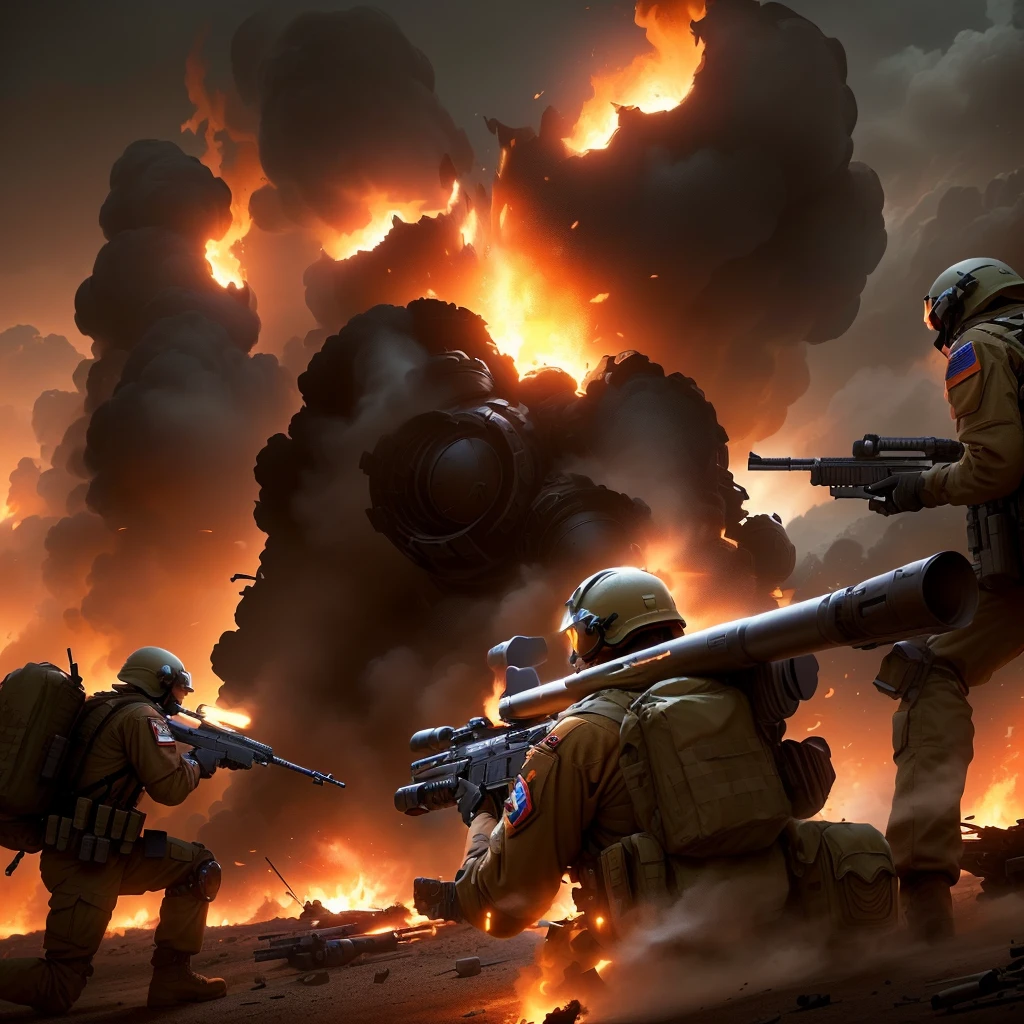 soldiers in uniform with weapons and helmets are in front of a fire, an escalating violent firefight, realistic apocalyptic war scene, powerful explosions, explosions and smoke, dark color. explosions, battlefield backround, huge explosions everywhere, battlefield scene, charge explosives, heavy weapons fire, fps game concept art, mech machines firing bullets, explosions and fire, soldiers and mech fight