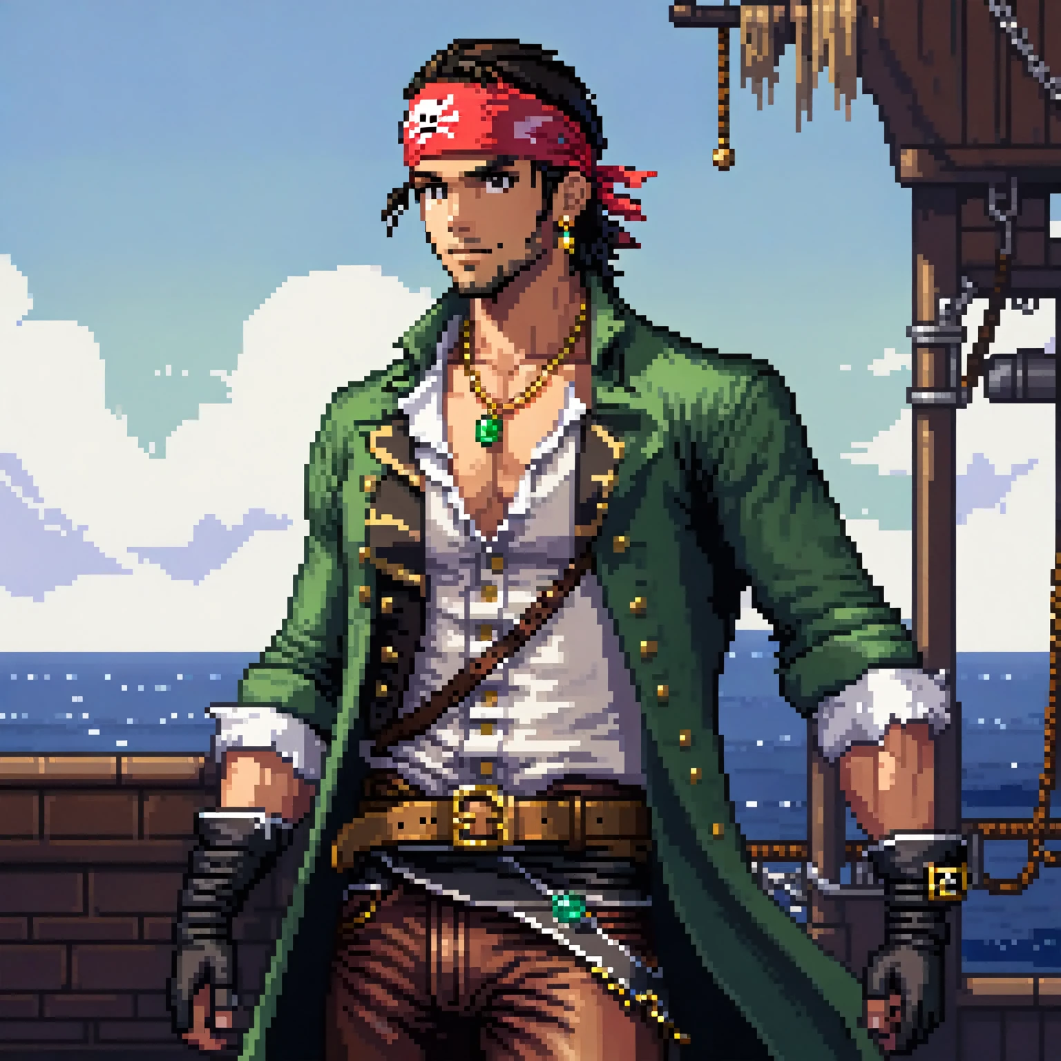 (Pixel art: 1.2), 1 man, 30 years old, with a muscular build, light brown eyes, medium-length silky black hair, wearing a red bandana on his head, a gold earring in his right ear, a gold tooth, a necklace with a green stone and silver necklaces, a blue overcoat with gold ornaments, a leather belt, a white vest and a semi-open dress shirt, the blue overcoat sleeves cover up to the forearms, white gloves on his hands, leather boots, reinforced blue pants, side view, visible lips and nose, Black background, pirate style, nothing out of the frame.
