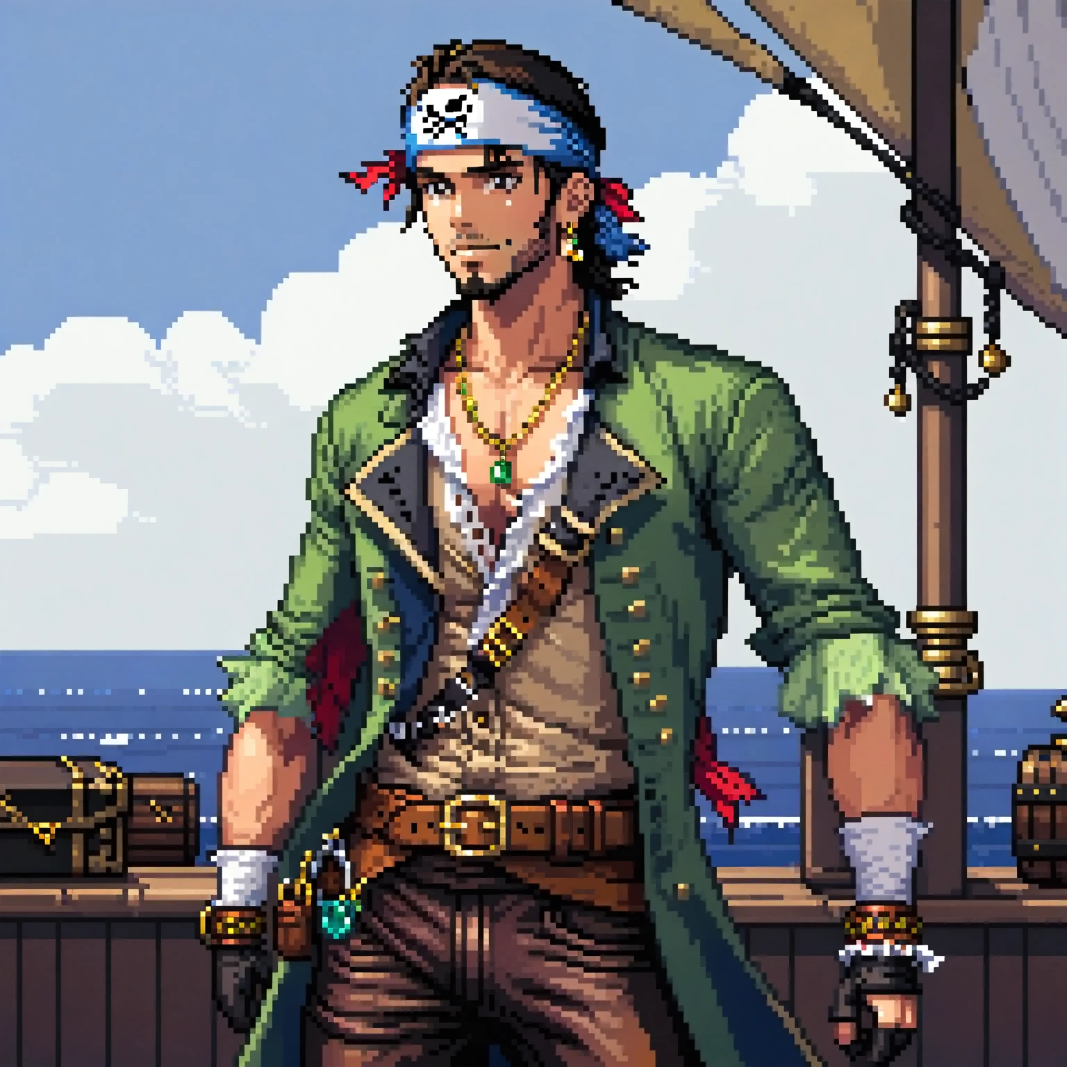 (Pixel art: 1.2), 1 man, 30 years old, with a muscular build, light brown eyes, medium-length silky black hair, wearing a red bandana on his head, a gold earring in his right ear, a gold tooth, a necklace with a green stone and silver necklaces, a blue overcoat with gold ornaments, a leather belt, a white vest and a semi-open dress shirt, the blue overcoat sleeves cover up to the forearms, white gloves on his hands, leather boots, reinforced blue pants, side view, visible lips and nose, Black background, pirate style, nothing out of the frame.