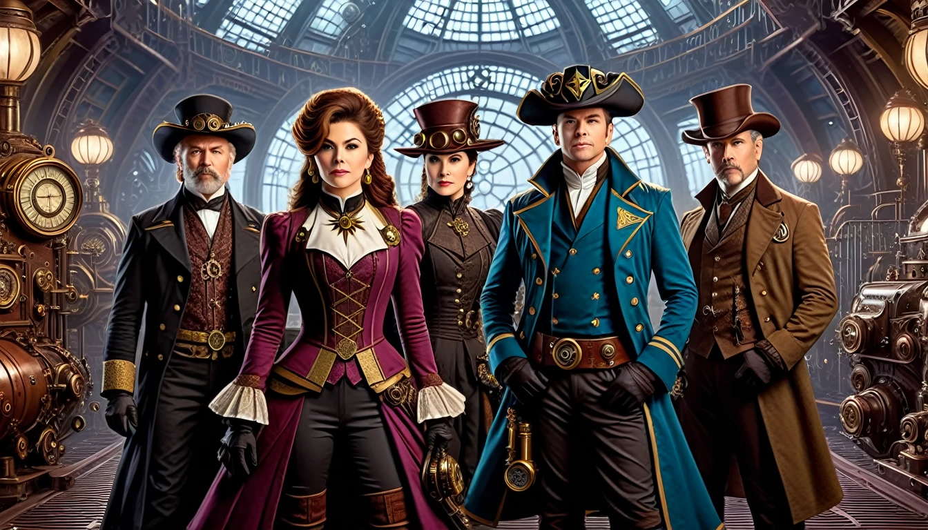 The five Starfleet captains in a steampunk setting, with Victorian-inspired clothing, mechanical elements, and a fantastical, industrial background.